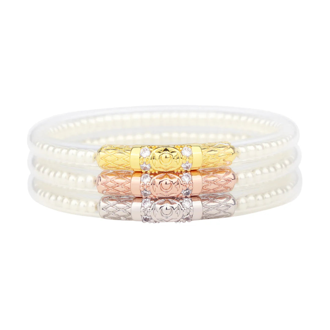 Solid Gold Bangles with Intricate EngravingsBuDhaGirl | Set of Three | Three Queens All Weather Bangles in White Pearl