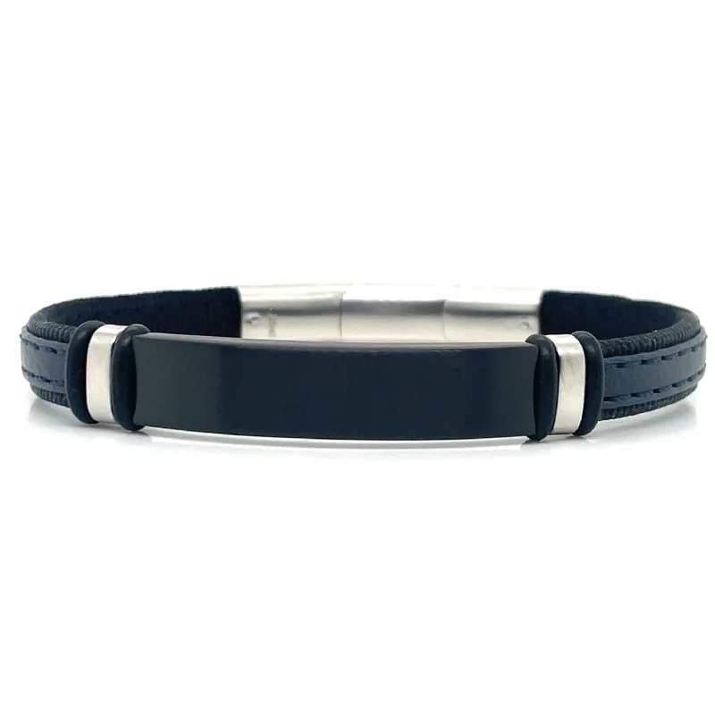 Stackable Bangle Sets for a Trendy LookGents Blue Leather And Stainless Steel Matte ID Bracelet