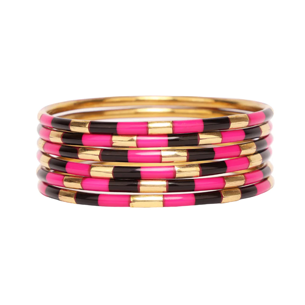 Bangle Bracelets with Birthstone AccentsBuDhaGirl | Set of Six | Veda X Bangles in Pink and Black