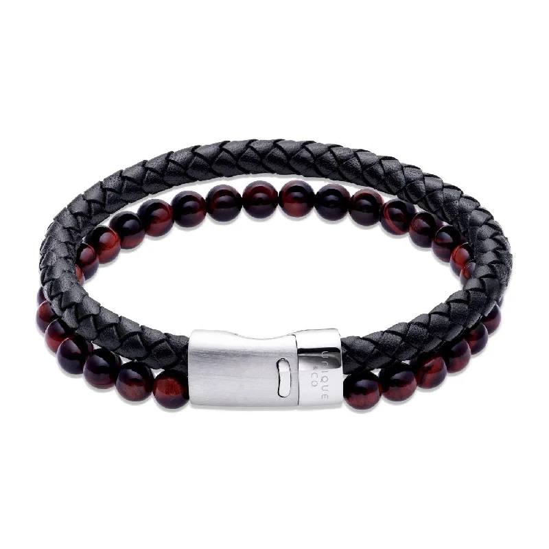 Enamel - Coated Bangles in Vibrant ColorsUnique & Co Black Leather Bracelet With Red And Brown Beads