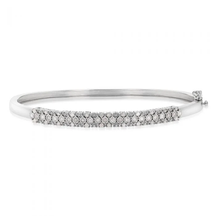 Bangle Bracelets with Birthstone Accents1/2 Carat Diamond 3 Row 50x60mm Hinge Bangle in Sterling Silver