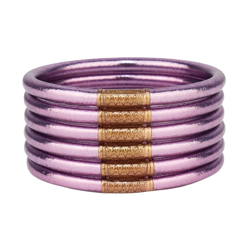 Solid Gold Bangles with Intricate EngravingsBuDhaGirl | Set of Six | All Weather Bangles in Lila