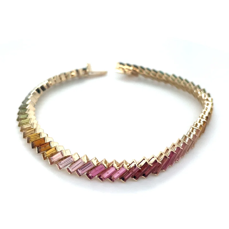 Solid Gold Bangles with Intricate Engravings14ct Yellow Gold Earth Grown 11.84ct Rainbow Baguette Tourmaline Tennis Bracelet