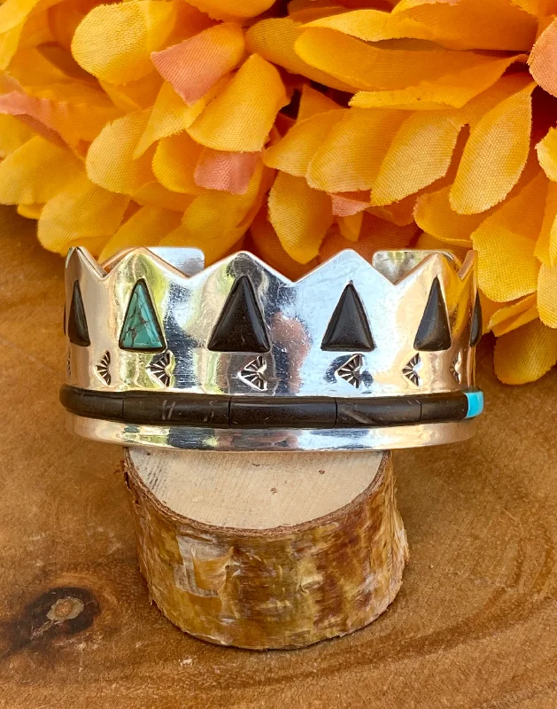 Vintage Southwest Handmade Multi Stone & Sterling Silver Inlay Cuff Bracelet