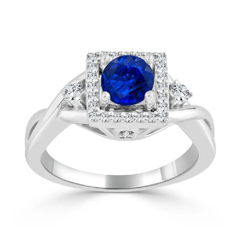 14k Gold Twisted 1/2ct Blue Sapphire and 1/3ct TDW Diamond Halo Engagement Ring by Auriya