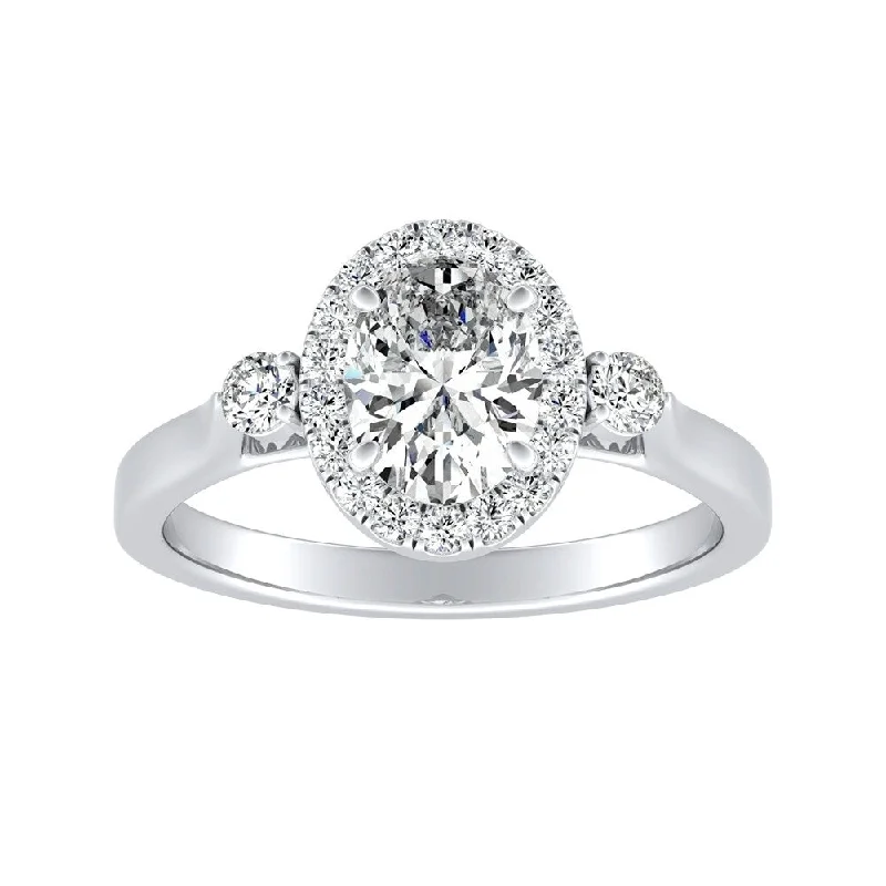 3-stone Halo Oval Diamond Engagement Ring 1 1/4ctw 14k Gold by Auriya