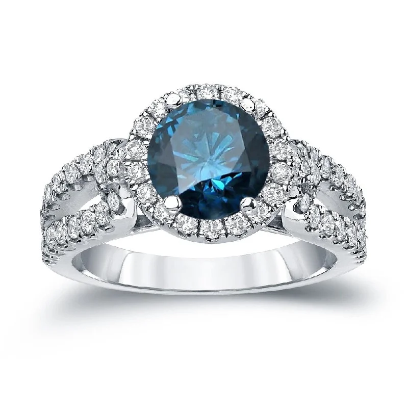 Auriya 1 1/2ctw Round Halo Blue Diamond Engagement Ring 14k Gold