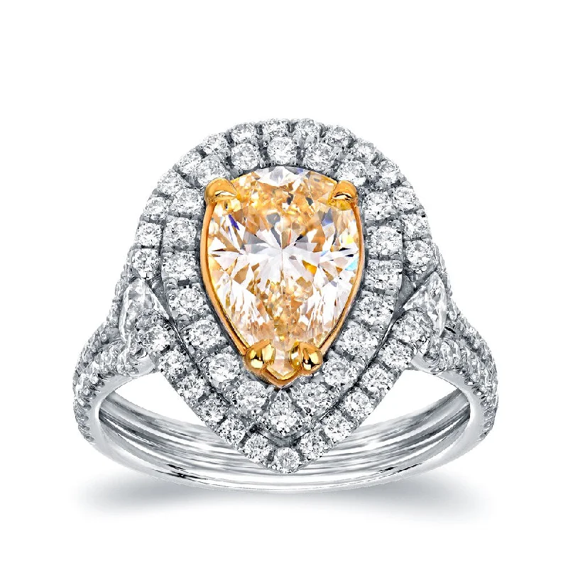 Auriya 18k Two-tone Gold 3ct TDW Certified Natural Fancy Yellow Diamond Pear Double Halo Ring (VS1-VS2)