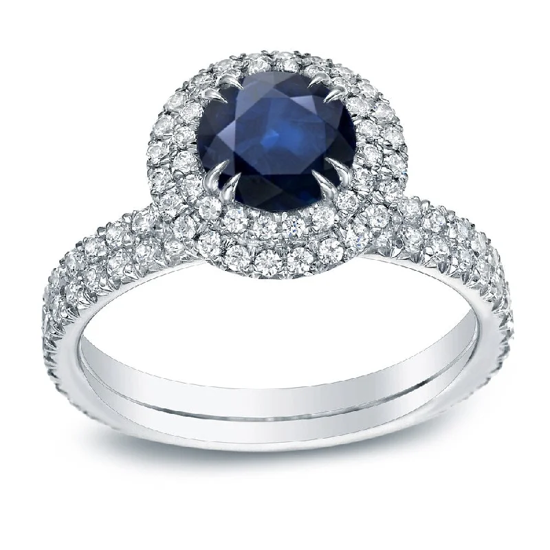 Auriya Platinum 3/4ct Blue Sapphire and 1ct TDW Round Cut Halo Diamond Engagement Ring