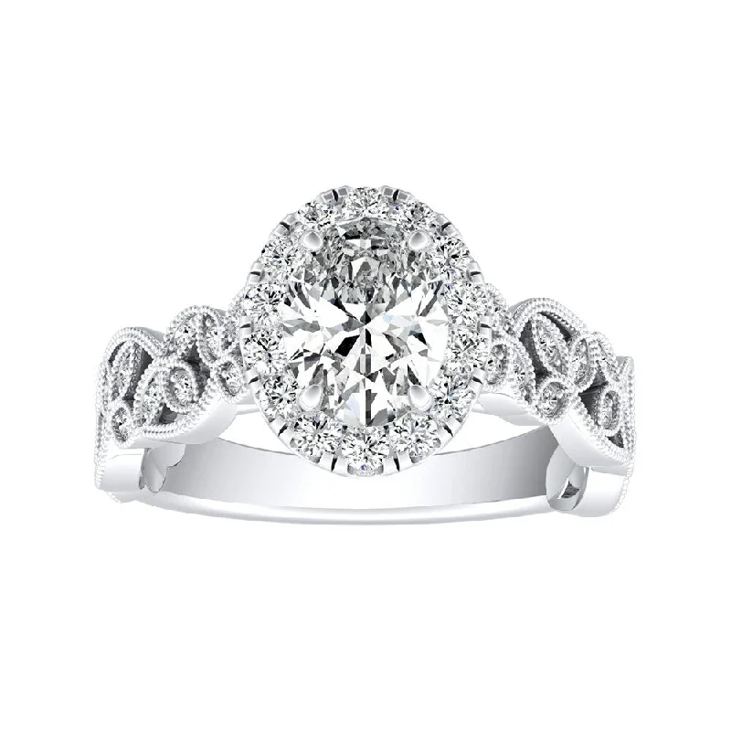 Auriya Platinum Vintage Floral Vine Halo Oval Diamond Engagement Ring 3/4ctw