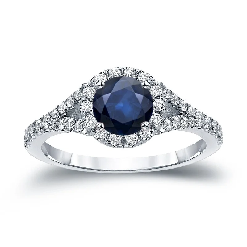 Auriya Round 1ct Blue Sapphire and 1/2ctw Halo Diamond Engagement Ring 14k Gold