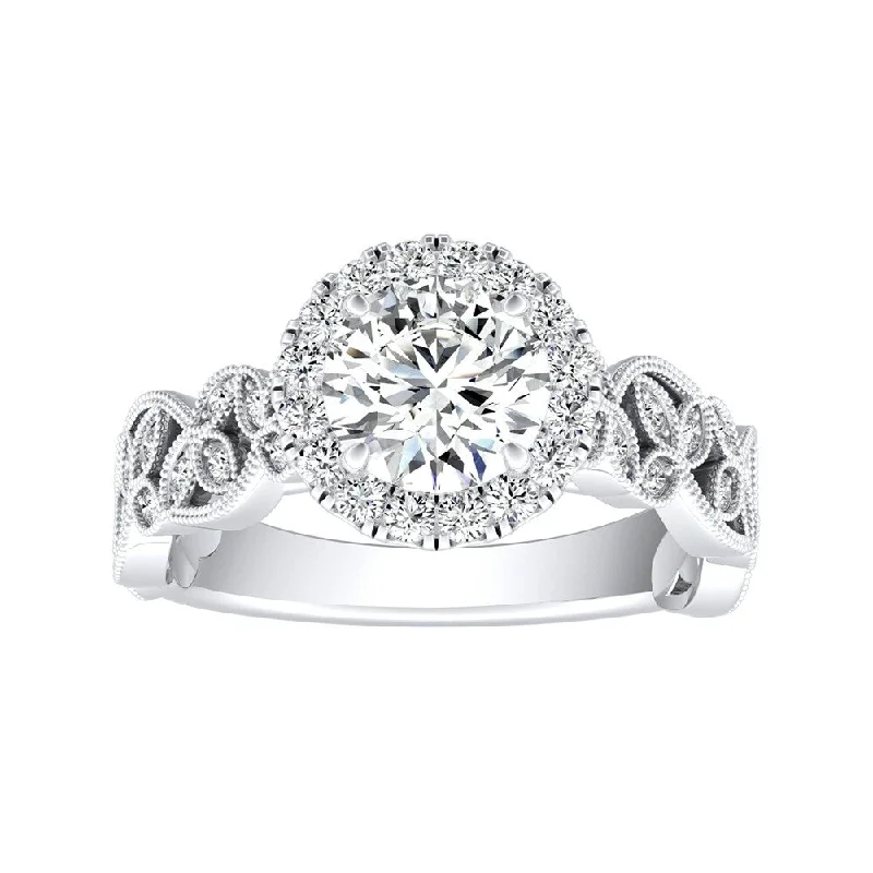 Auriya Vintage Round 1ct Moissanite and 1/4ct TDW Diamond Halo Engagement Ring 14K Gold (G-H, VS1-VS2)