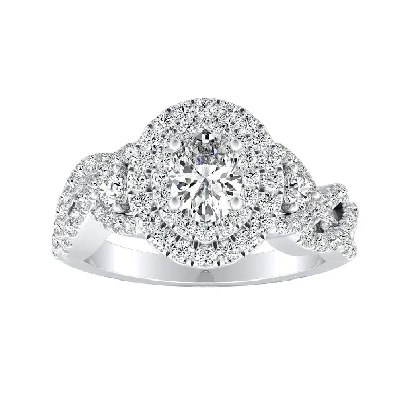 Braided Oval-cut 1ctw Double Halo Diamond Engagement Ring 18k Gold by Auriya (H-I, SI1-SI2)