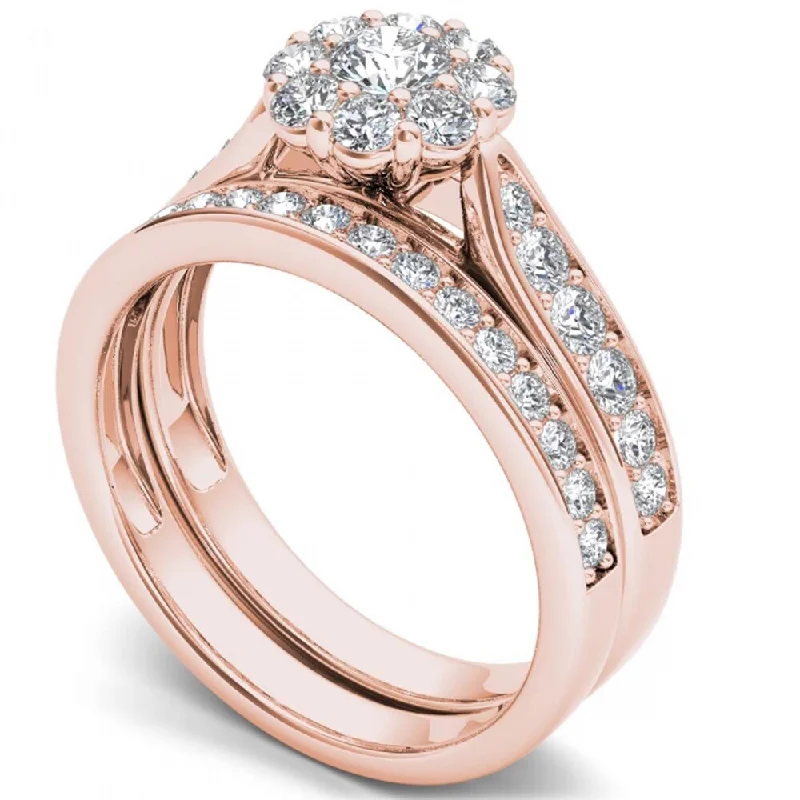 De Couer 14k Rose Gold 1ct TDW Diamond Double Halo Bridal Ring Set