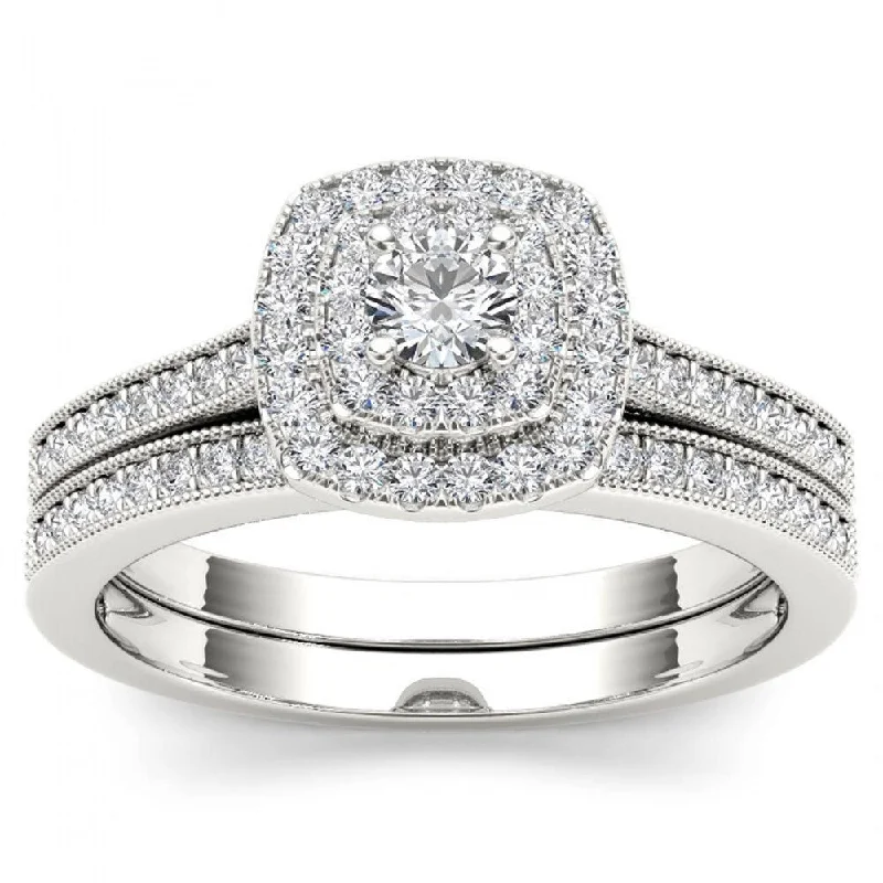 De Couer IGI Certified 14k White Gold 1/2ct TDW Diamond Double Halo Bridal Ring Set