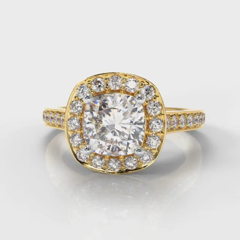 Pavé Cushion Cut Diamond Halo Engagement Ring - Yellow Gold