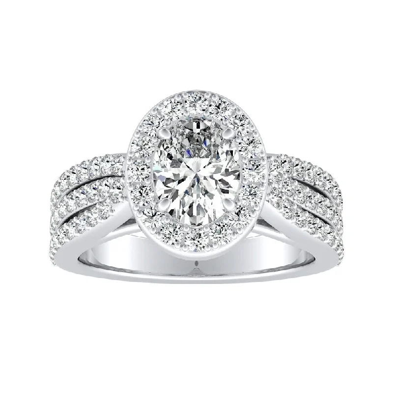 Triple Band Oval-cut Halo Diamond Engagement Ring 1 1/3ctw 18k Gold by Auriya