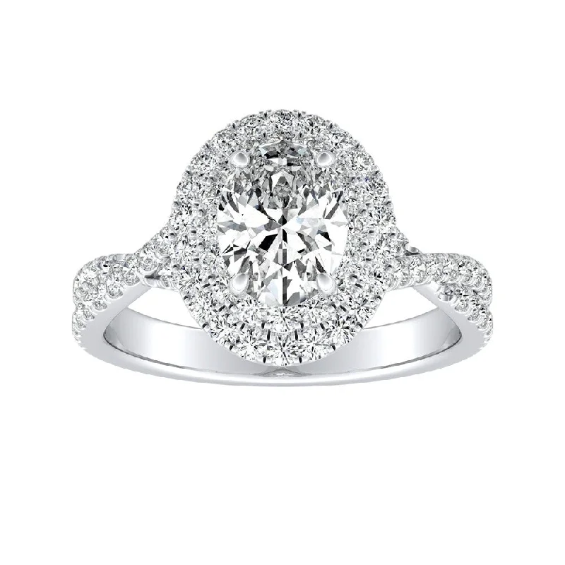 Twisted Oval Shape 1 1/2ctw Double Halo Diamond Engagement Ring 18k Gold by Auriya (I-J, I1-I2)