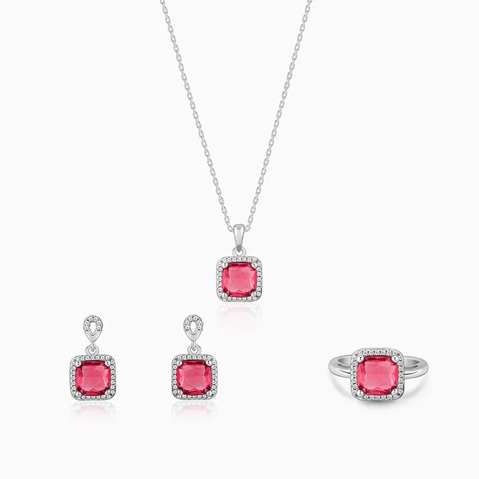 Crystal - Embellished Pendant Necklaces for a Glamorous LookSilver Pink Square Set Of Three