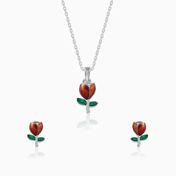 Heart - Shaped Pendant Necklaces with Birthstone InlaysSilver Red Roses Set