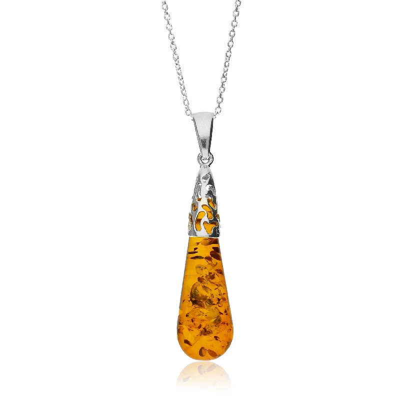 Heart - Shaped Pendant Necklaces with Birthstone InlaysSterling Silver Amber Free Form Long Drop Pendant