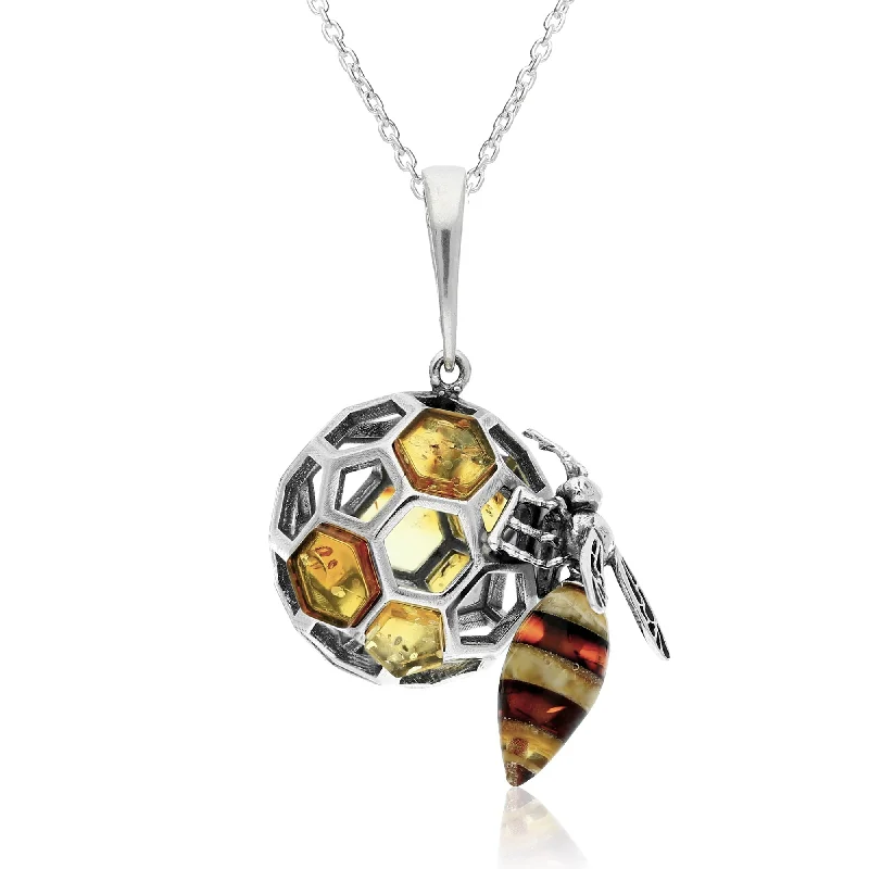 Crystal - Embellished Pendant Necklaces for a Glamorous LookSterling Silver Amber Honeycomb Bee XL Pendant