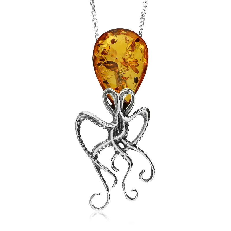 Locket Pendant Necklaces with Personalized EngravingsSterling Silver Amber Large Octopus Pendant