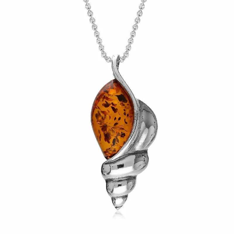 Nature - Inspired Pendant Necklaces with Leaf or Flower DesignsSterling Silver Amber Large Shell Pendant