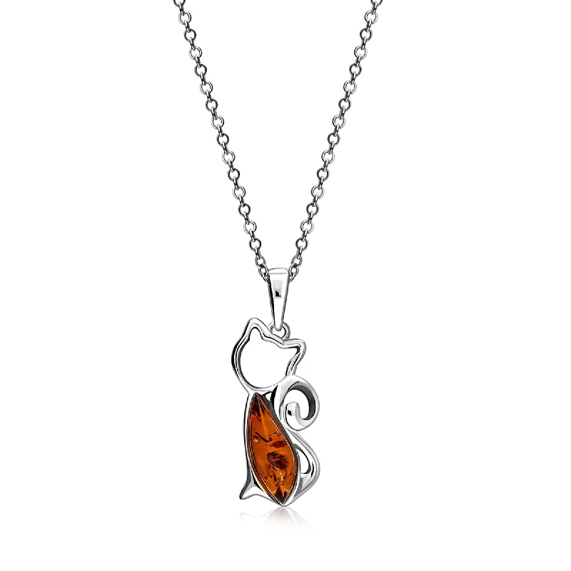 Crystal - Embellished Pendant Necklaces for a Glamorous LookSterling Silver Amber Marquise Cat Pendant