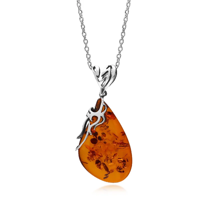 Nature - Inspired Pendant Necklaces with Leaf or Flower DesignsSterling Silver Free Form Amber Drop Pendant