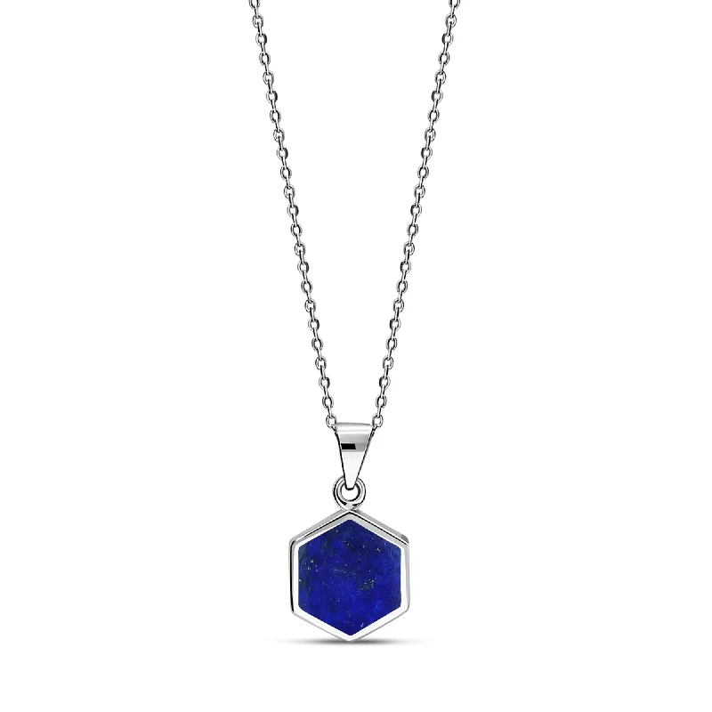 Locket Pendant Necklaces with Personalized EngravingsSterling Silver Lapis Lazuli Hexagon Pendant