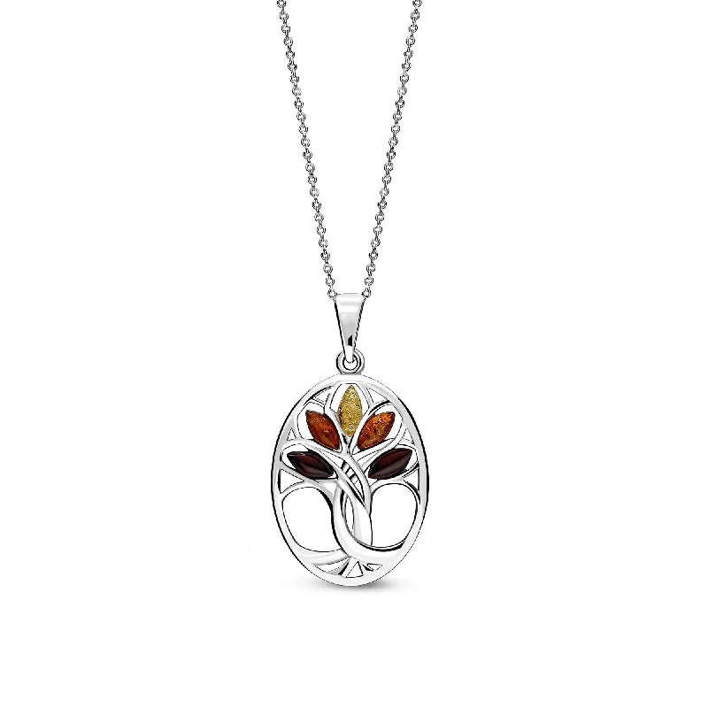 Crystal - Embellished Pendant Necklaces for a Glamorous LookSterling Silver Mixed Amber Tree Of Life Pendant