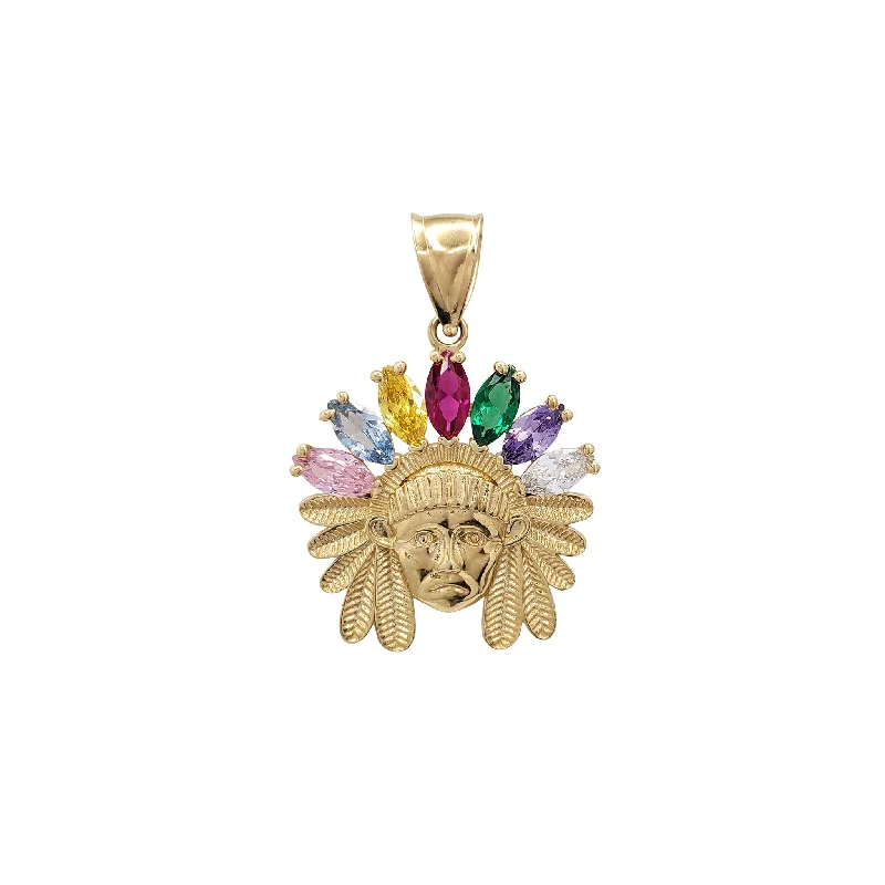 Locket Pendant Necklaces with Personalized EngravingsZirconia Multicolor Indian Chief Head Pendant (10K)